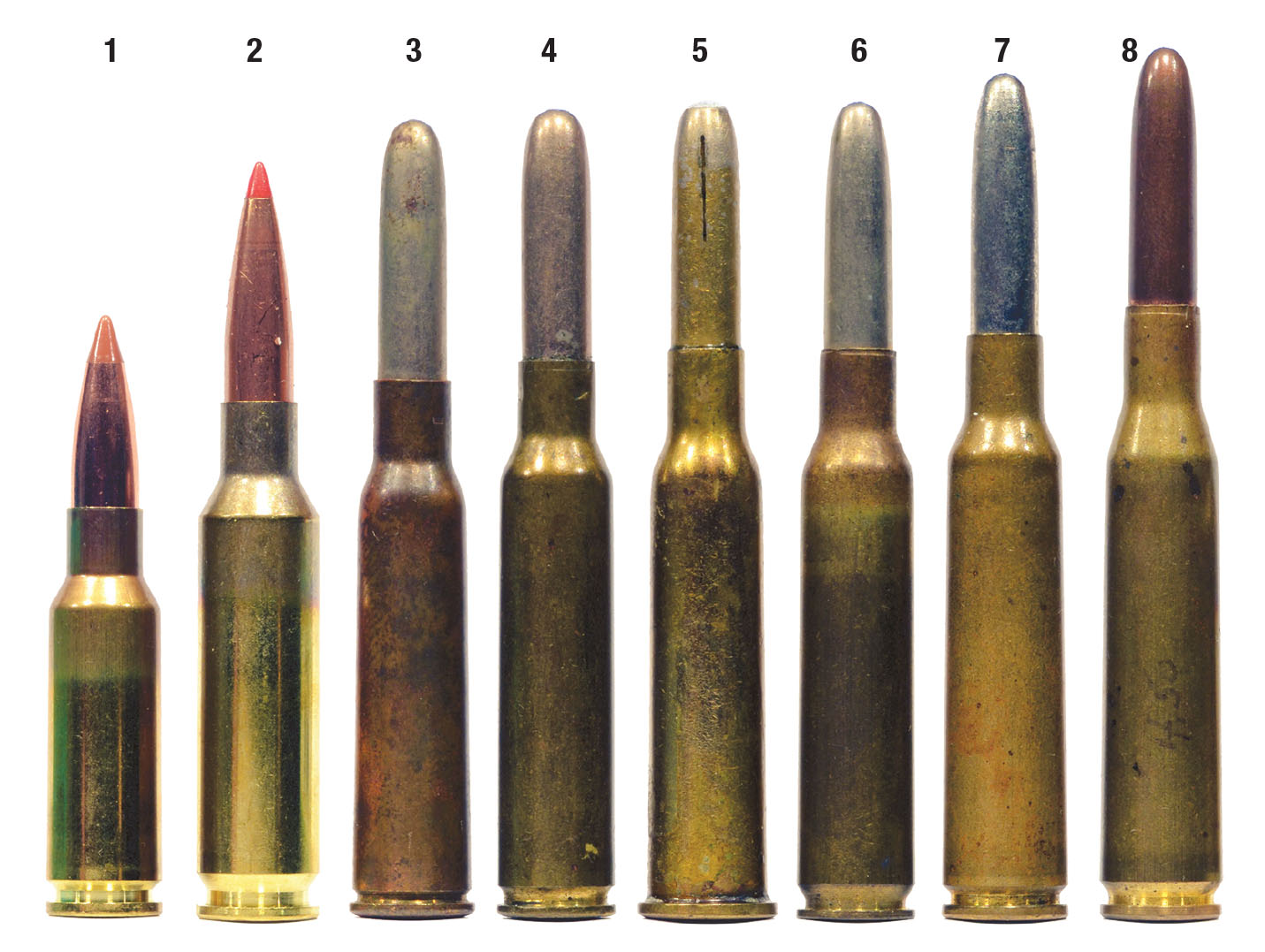 Old and new: The (1) 6.5 Grendel, (2) 6.5 Creedmoor, (3) 6.5 Arisaka, (4) 6.5 Carcano, (5) 6.5 Dutch Mannlicher, (6) 6.5x54 Mannlicher-Schönauer (Greek), (7) 6.5x55 Swedish and (8) 6.5 Portuguese. Although, on paper, the new cartridges will outperform the old, the original heavy-for-caliber bullets provided tremendous penetration.